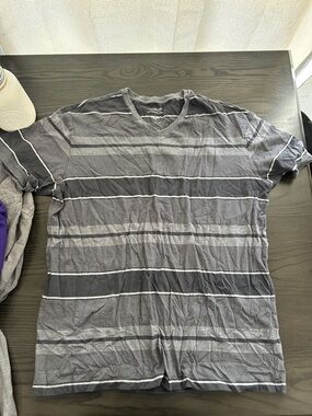 Roundtree & Yorke Gray Striped V-Neck Short Sleeve Tee